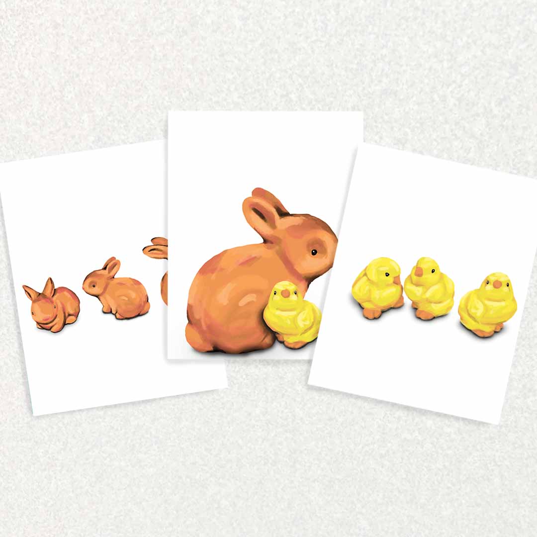 Set of three cute baby bunnies and chicks blank inside cards