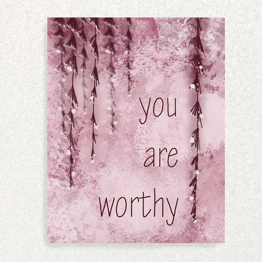 Front of you are worthy card maroon with maroon vines hanging from above in front of a light textured maroon background