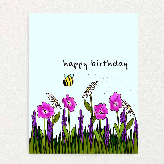 Front of Wildflower Birthday Keepsake prompt card bee buzzing around wildflowers