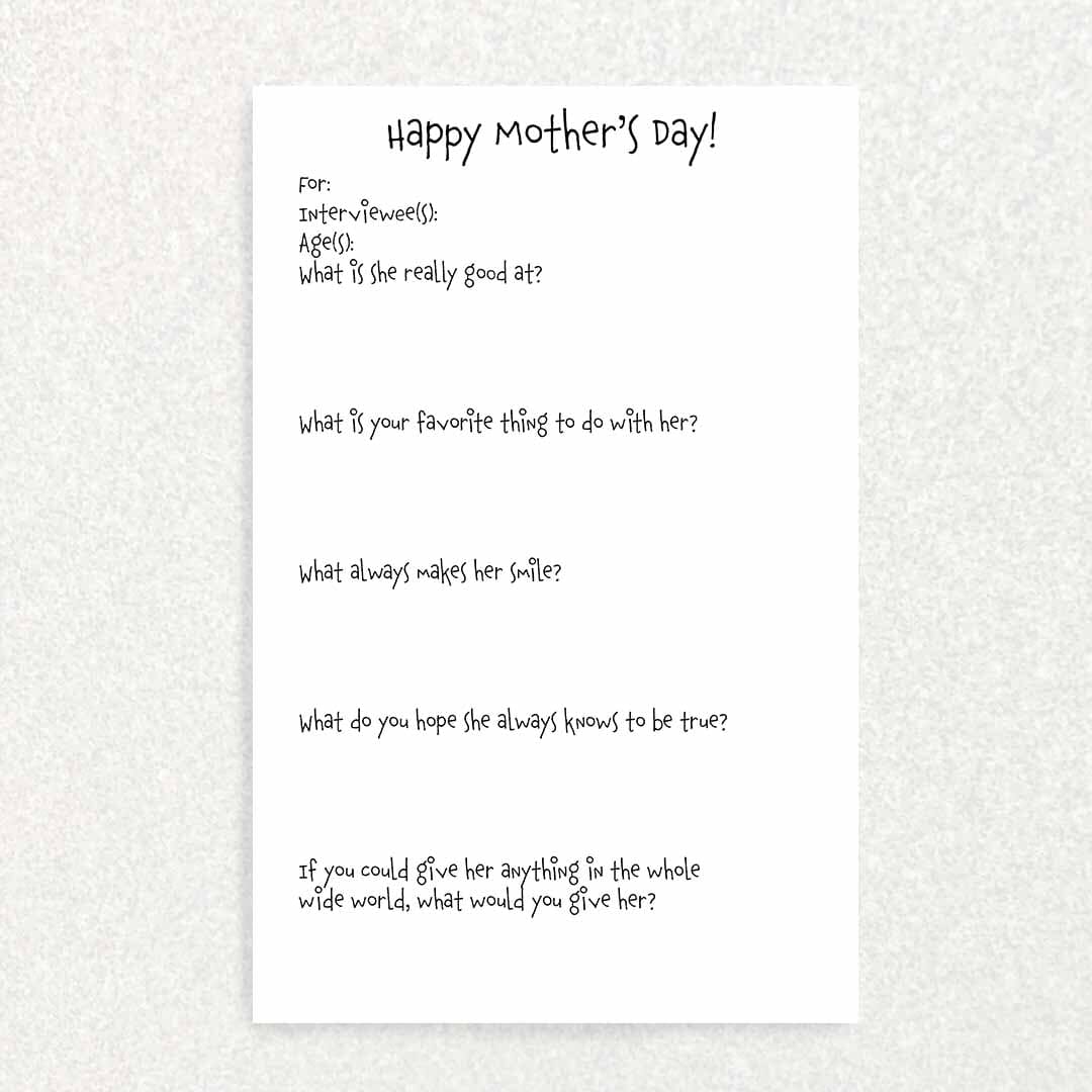 Mother’s Day: Keepsake Interview Prompts Card Written Hugs Designs