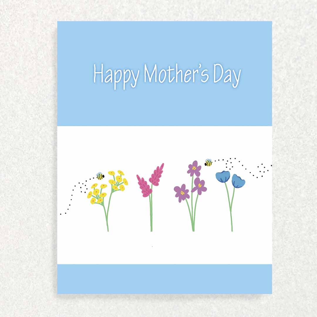 Mother’s Day: Keepsake Prompts Card Blue Solid Flowers and Bees Written Hugs Designs