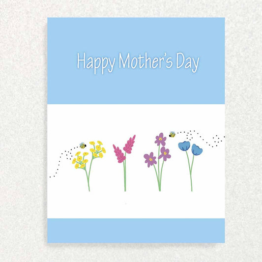 Mother’s Day: Keepsake Prompts Card Blue Solid Flowers and Bees Written Hugs Designs