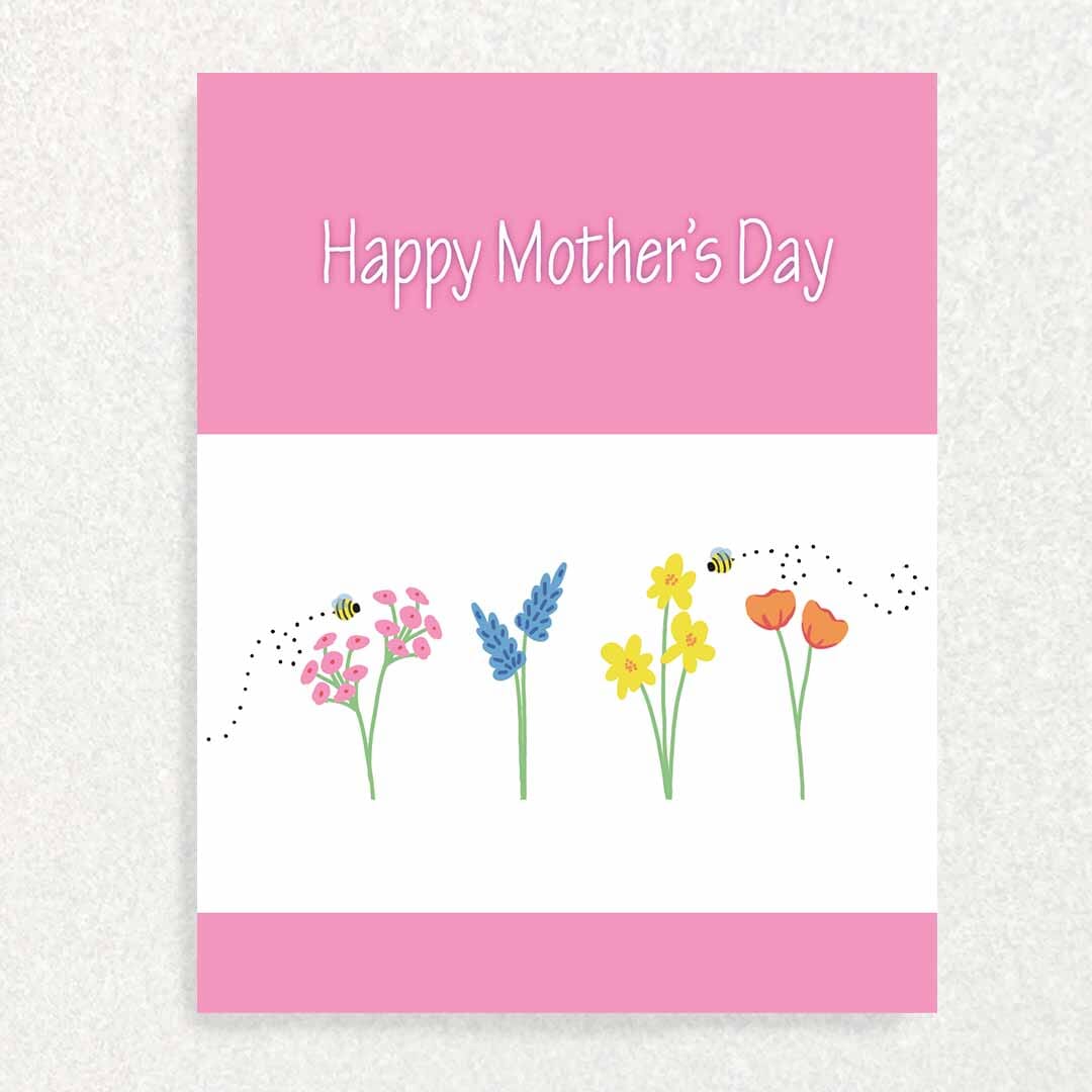 Mother’s Day: Keepsake Prompts Card Pink Solid Flowers and Bees Written Hugs Designs