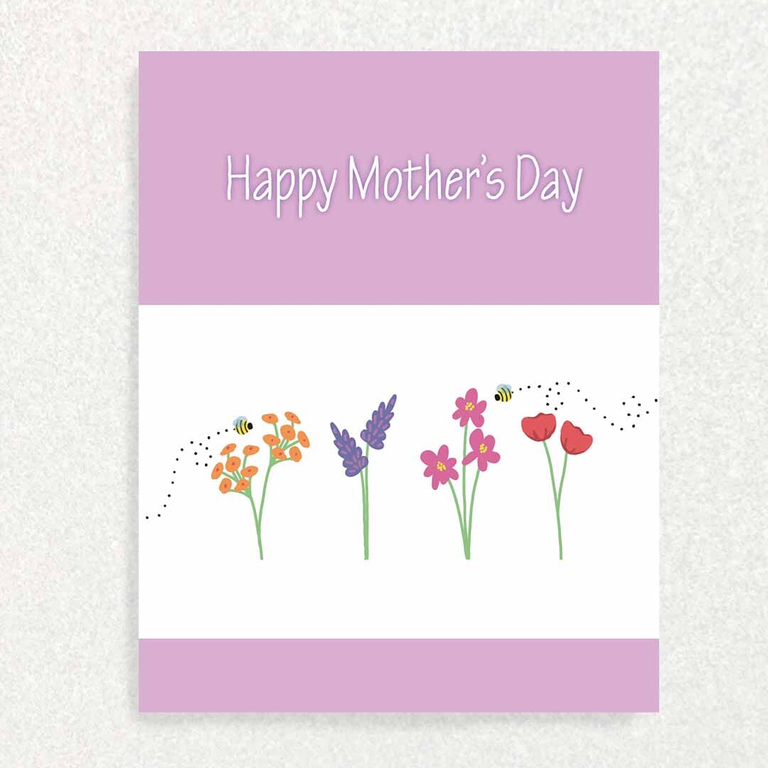 Mother’s Day: Keepsake Prompts Card Purple Solid Flowers and Bees Written Hugs Designs