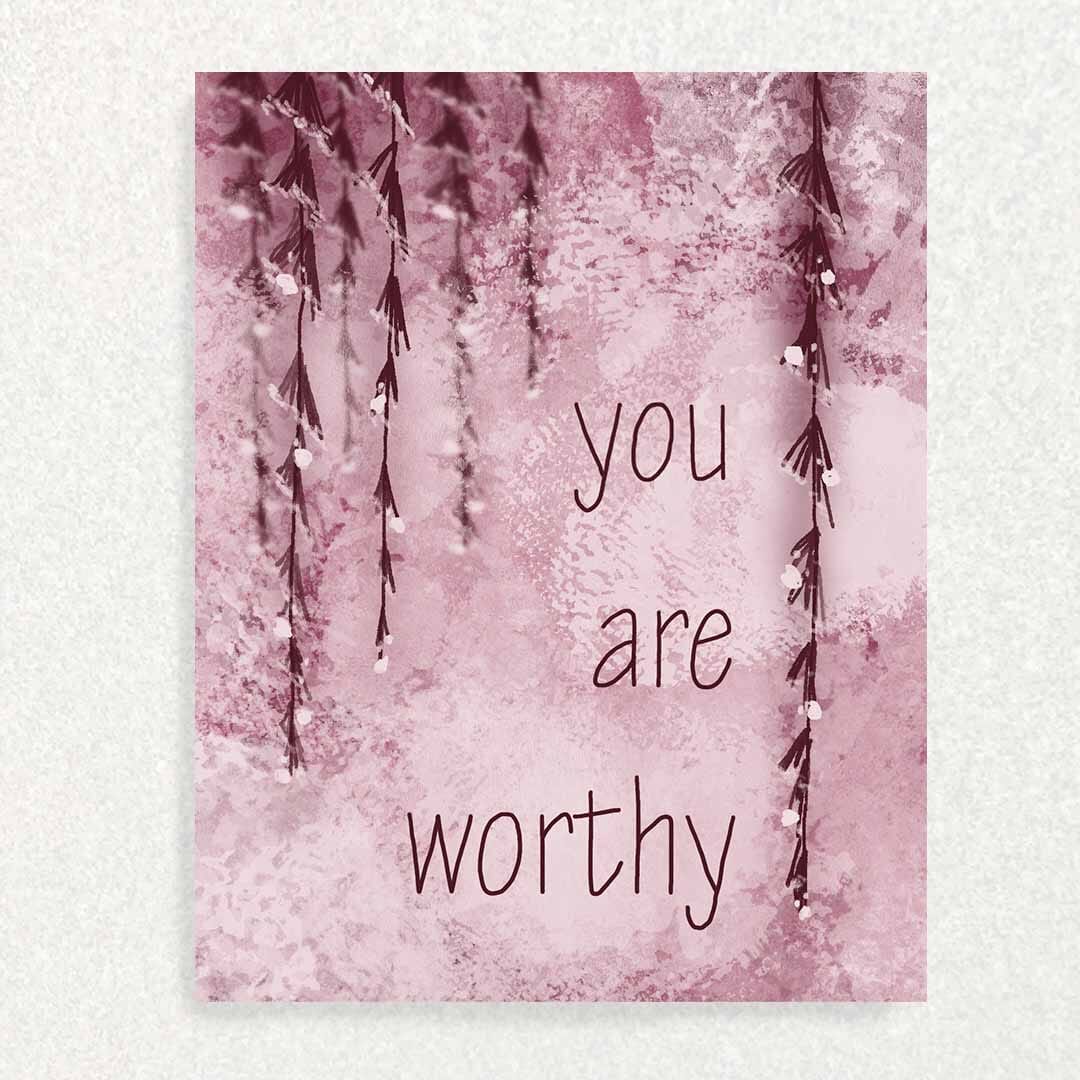 You are Worthy: Maroon Affirmation Card Promoting Mental Health Written Hugs Designs