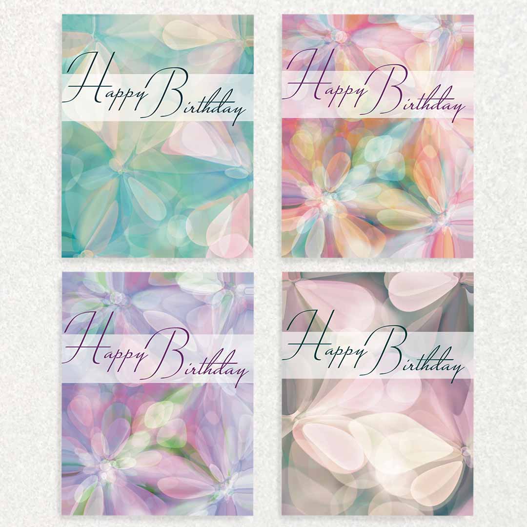 Set of 4 Spring Birthday Vibes card rainbow colored crystal flowers, Teal crystal flowers, purple crystal flowers, and dark olive and pink crystal flowers
