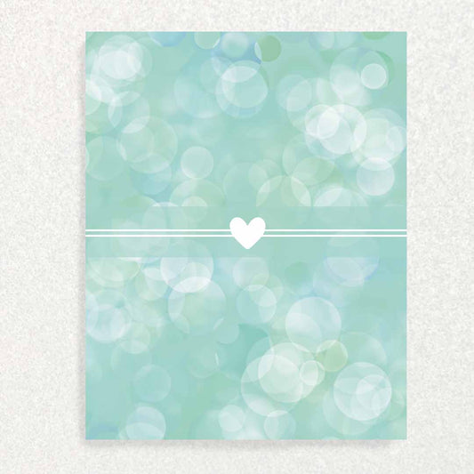 Front of Teal New baby Keepsake Prompt card white heart on teal background