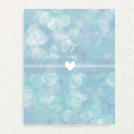 Front of New Baby Keepsake Prompt card white heart blue background