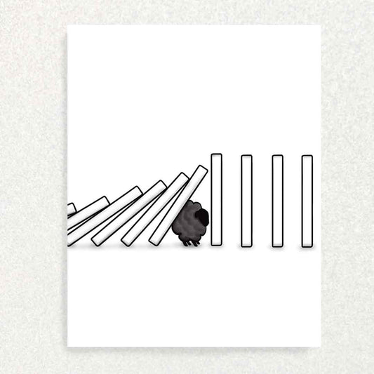 The front cover of this card is a line of dominos that have fallen and are being held up by a black sheep. The remaining line of dominos remains upright and intact. 
