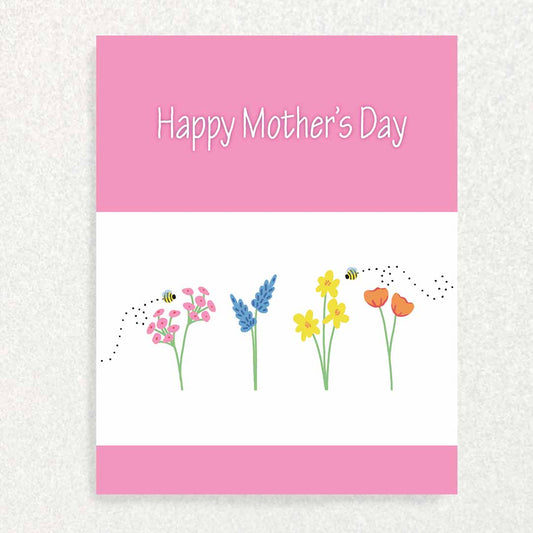 Front of Happy Mother’s Day Keepsake Prompt Card Pink Solid Flowers and Bees