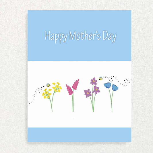 Front of Happy Mother’s Day Keepsake Prompt Card Blue Solid Flowers and Bees