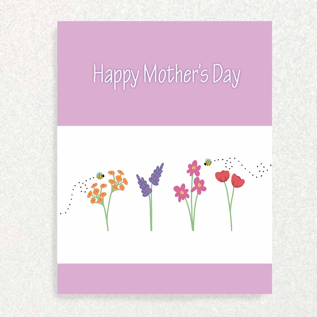 Front of Happy Mother’s Day Keepsake Prompt Card Purple Solid Flowers and Bees
