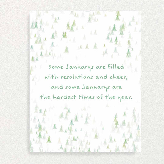 January Anniversary of Loss Sympathy Card Pine Trees scattered on white background