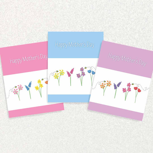 Set of Three Mother’s Day Keepsake Prompt Cards Solid Pink flowers and bees, solid blue flowers and bees, and solid purple flowers and bees