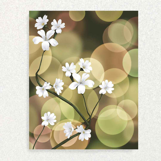 The front cover has beautiful arrangement of white flowers in front of a forest green and yellow blurred light source. 
