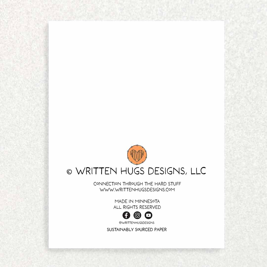 Back of card with Written Hugs Designs logo Sustainably Sourced and made in the USA
