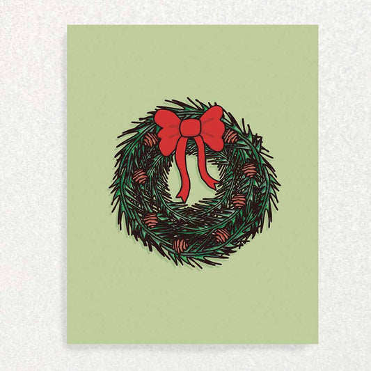 Front of Christmas Wreath Sympathy Card for someone grieving the loss of a child christmas wreath with pine cones and red bow