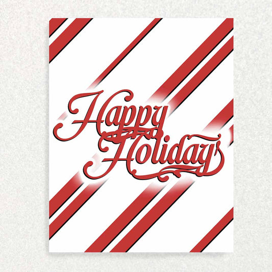 Happy Holidays Keespake Prompt Card over candy cane stripes