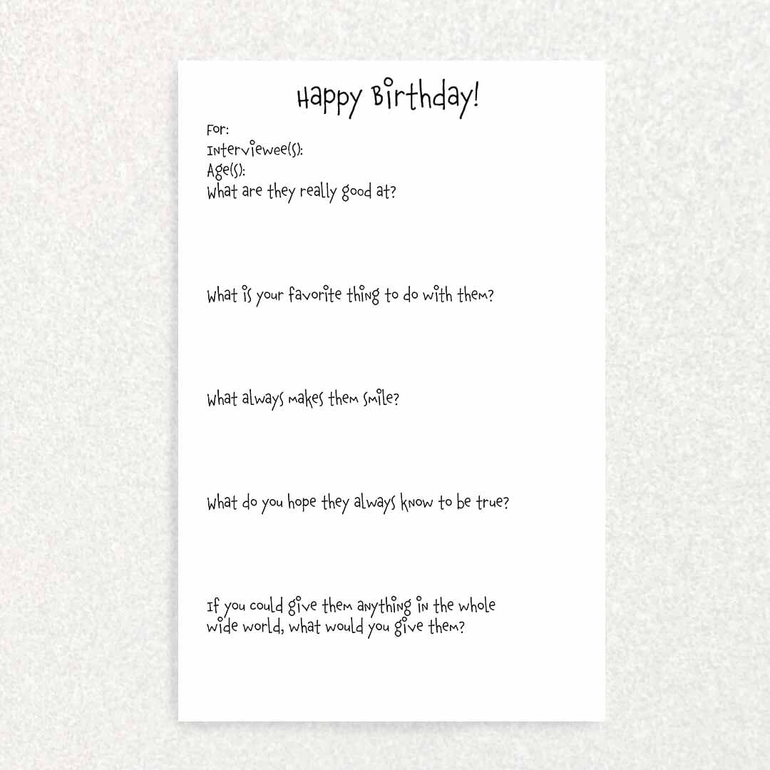 Birthday Candles: Keepsake Interview Prompts Card Written Hugs Designs 