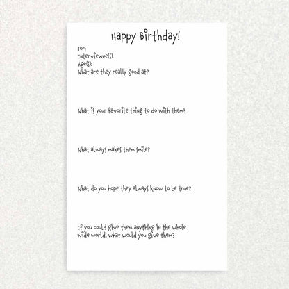 Birthday Candles: Keepsake Interview Prompts Card Written Hugs Designs 