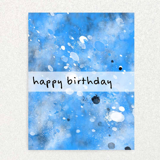 Front of Blue Splatter Birthday Keepsake Prompt Card