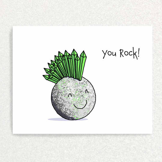 Front of You Rock Affirmation and pun filled card smiling rock with geode mohawk like a rocker
