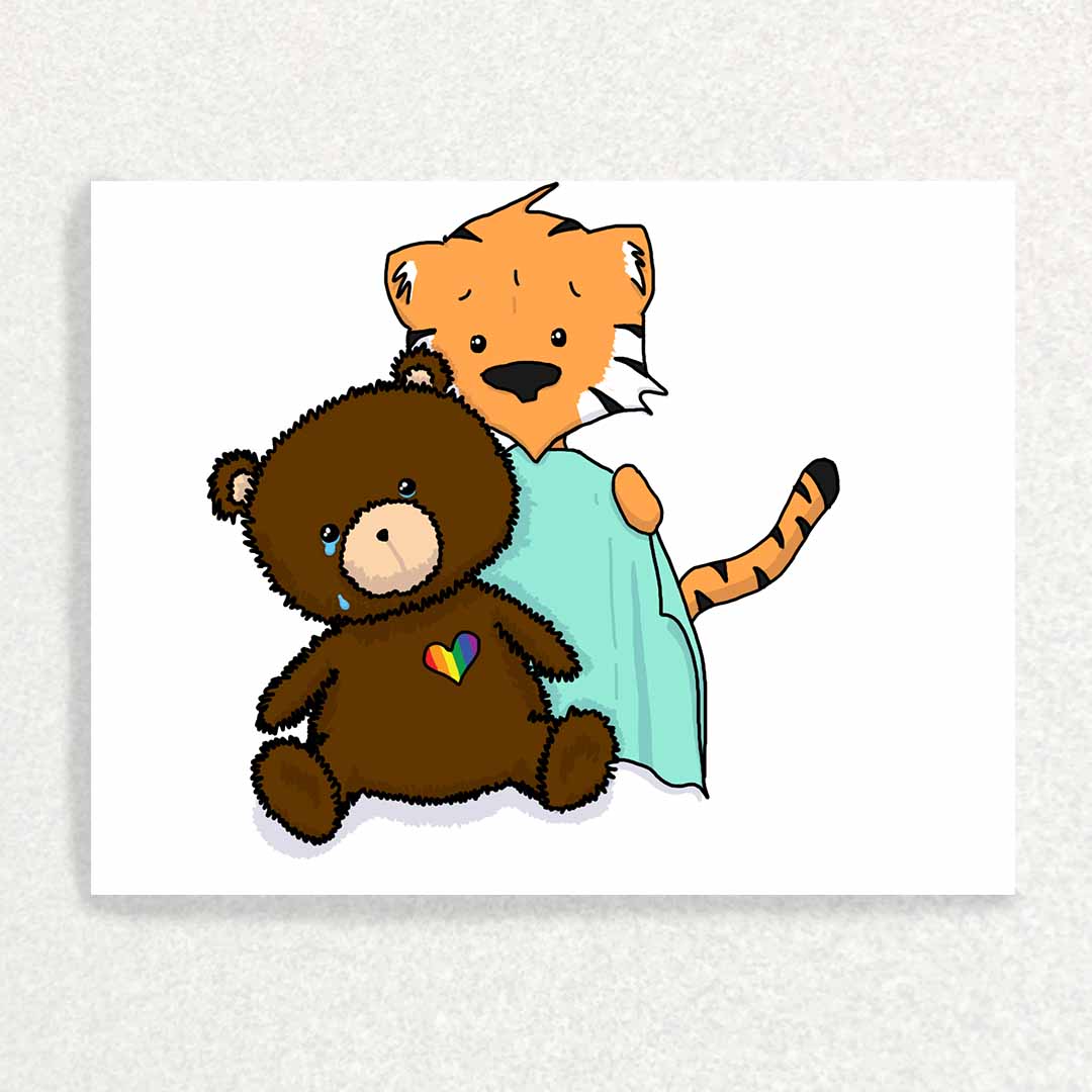 Front of LGBTQIA+ Estrangement Card: support after loss of estrangment teddy with rainbow heart in tears conforted by tiger friend