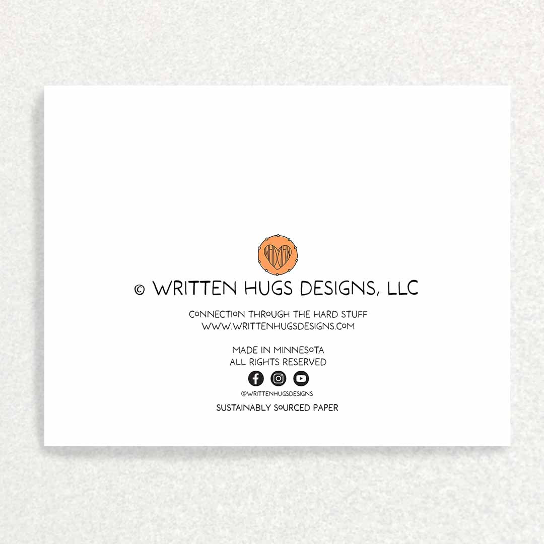 Back of card with Written Hugs Designs logo Sustainably Sourced and made in the USA