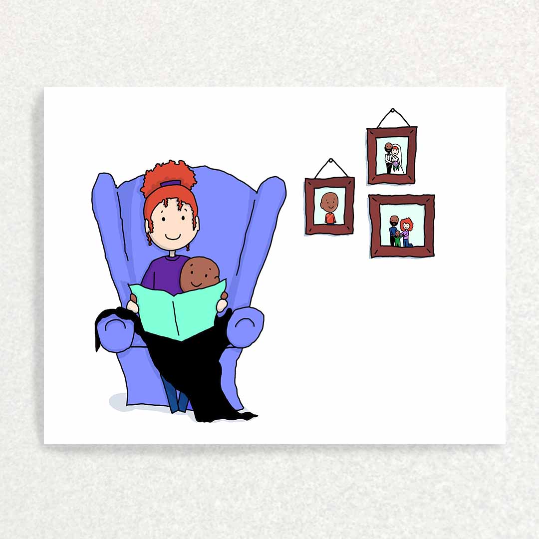 Front of Encourage a Parent Card Mother snuggling reading a book to child on chair family picturers on the wall