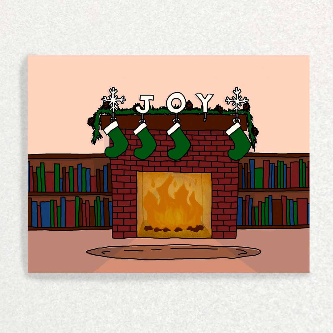 Front of Missing Stocking Card for someone grieving the loss of a loved one during the holiday sympathy card fire place a missing christmas stocking and shelves lined with books