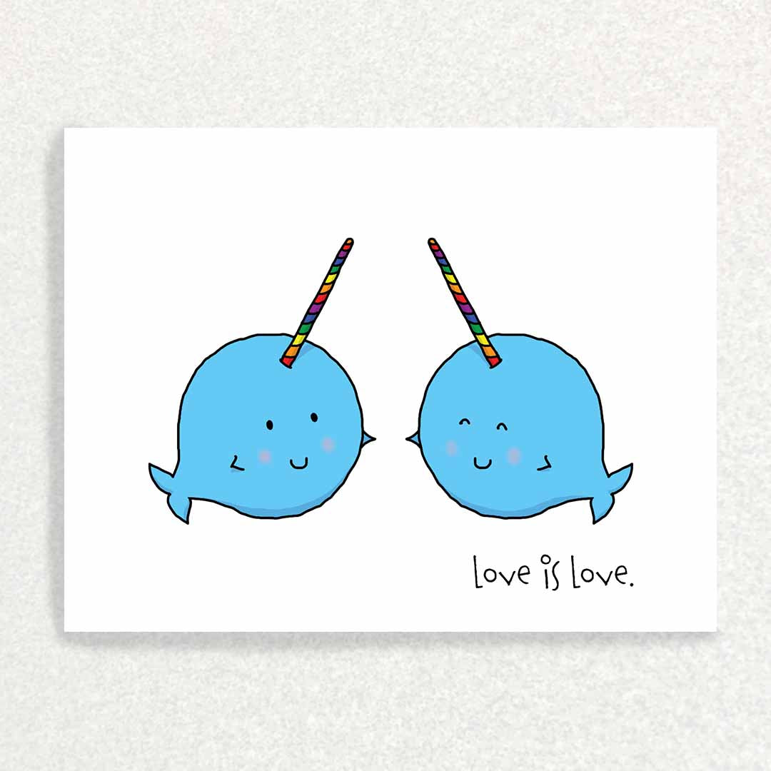 Front of Narwhal Love PRIDE card thoughtful keepsake prompts inside