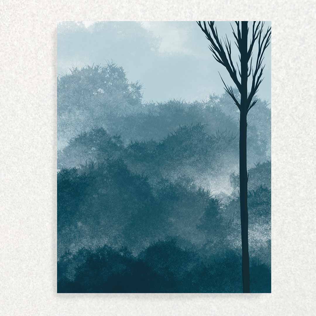 Front cover of desloation card blue tones one sharp edged tree and several sharply pointed background bushes