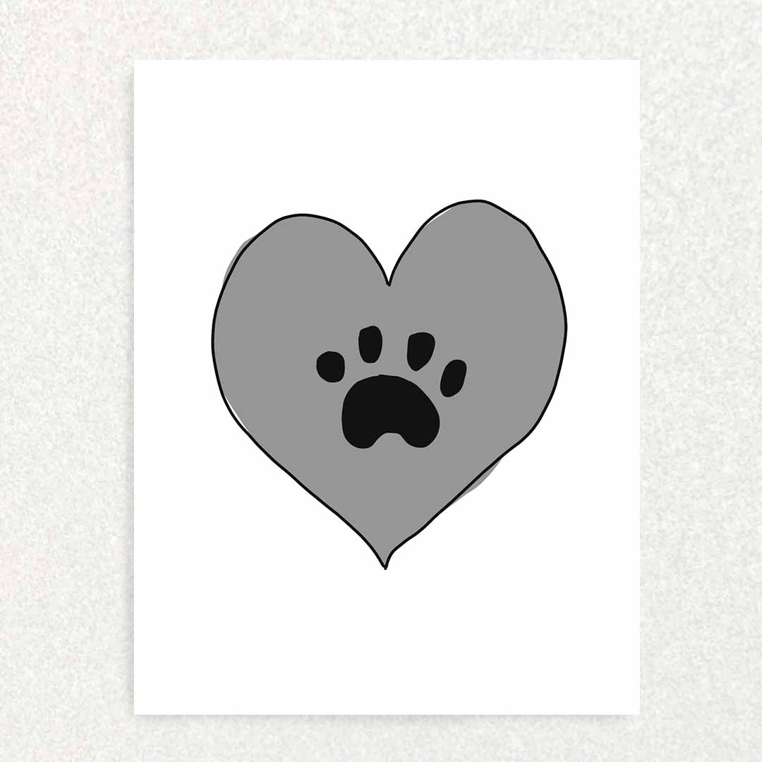 Front of Pet Loss Sympathy Card grey heart with paw print in center