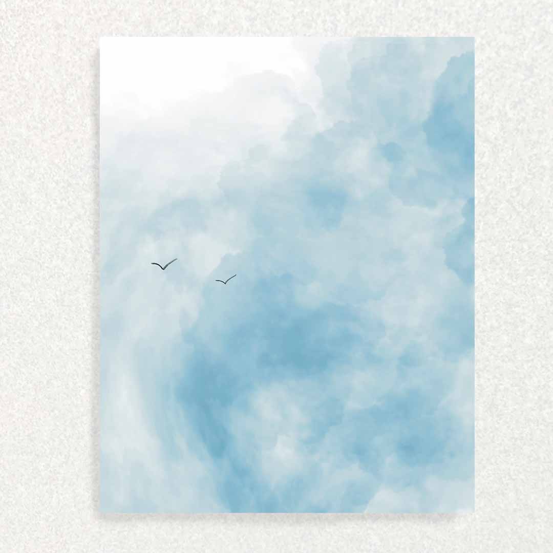 Front of Miss you too card blue skies with two birds flying
