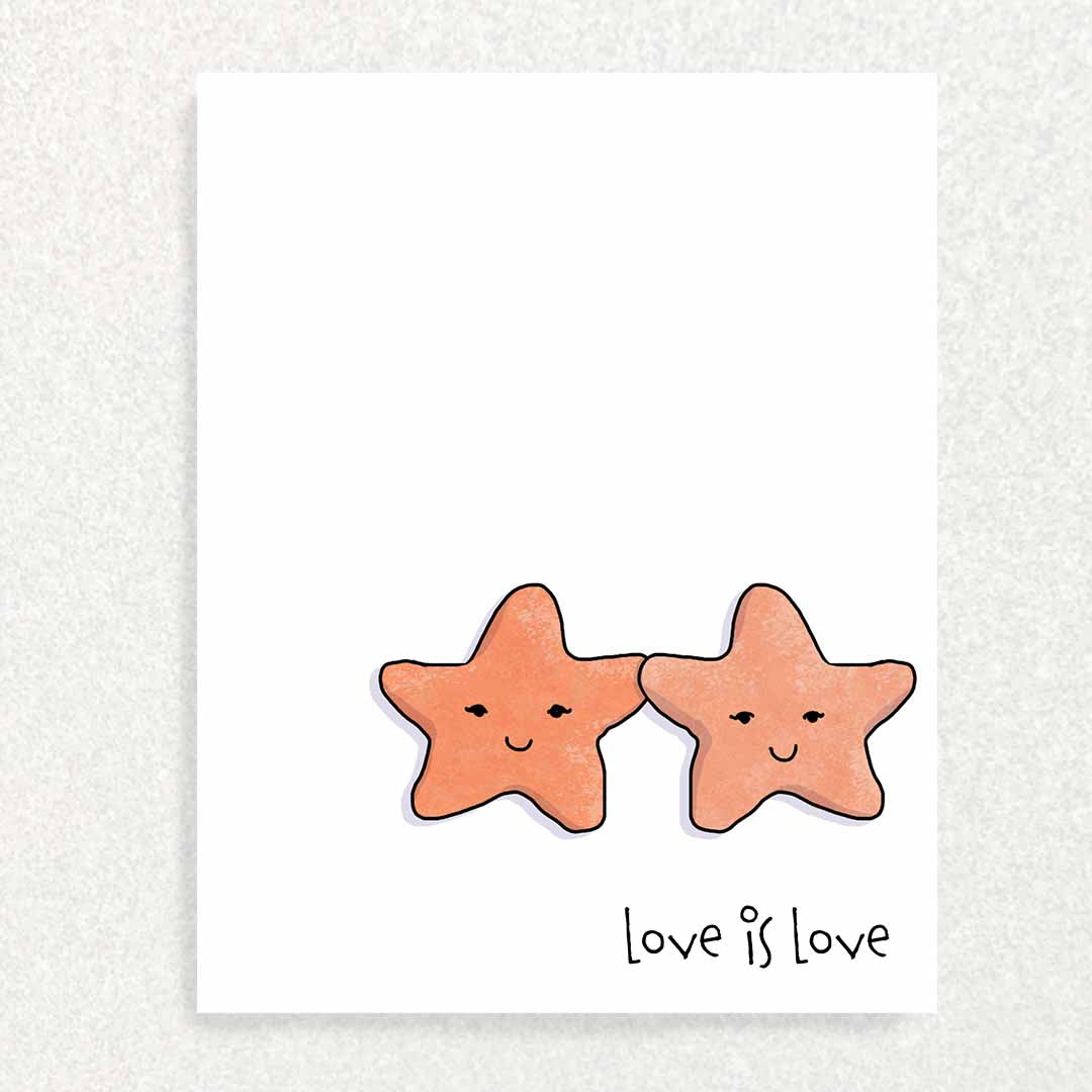 Front of Starfish Love is love card two starfish or sea stars holding hands