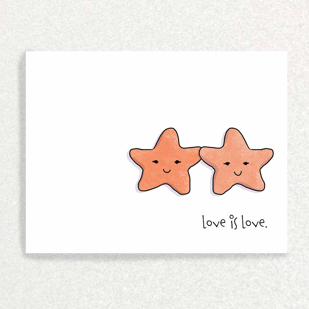 Front of Starfish PRIDE Card with keepsake prompts two starfish holding appendeges