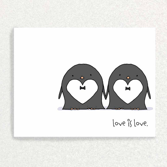 Front of Penguin Love PRIDE Card thoughtful keepsake prompt card two penguins with bow ties holding flippers