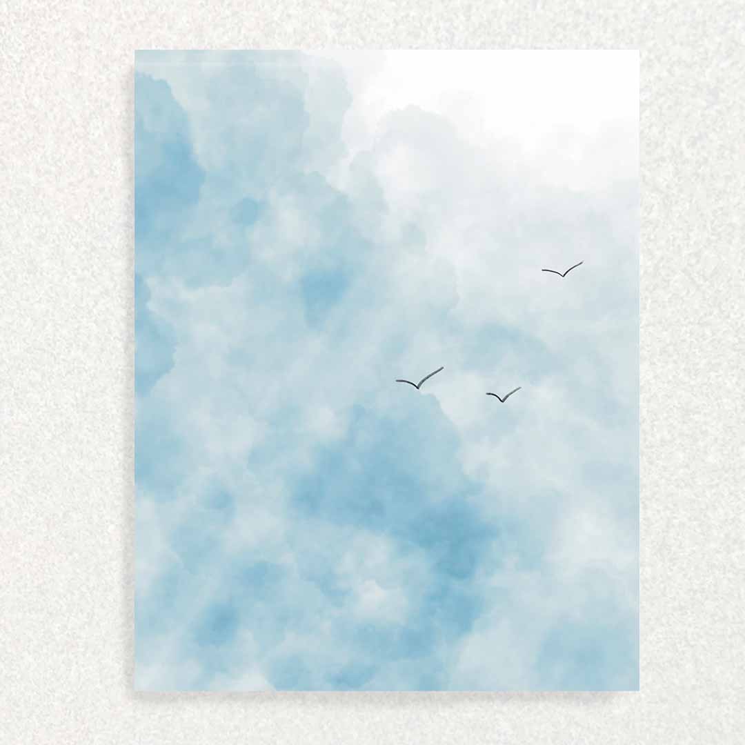 front of miss you card blue skies and clouds with three birds flying
