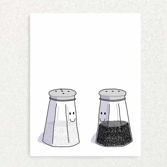 The front of salt and pepper funny and cute connection card is a salt shaker and pepper shaker looking at eachother lovingly