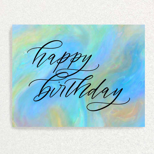 Front of Birthday Keepsake Prompt Card blue and orange marble pour