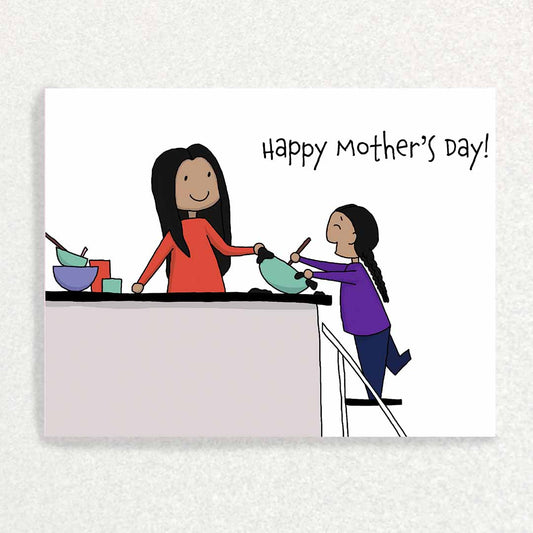 Front of Mother's Day keepsake Prompt card mother and child baking in the kitchen together