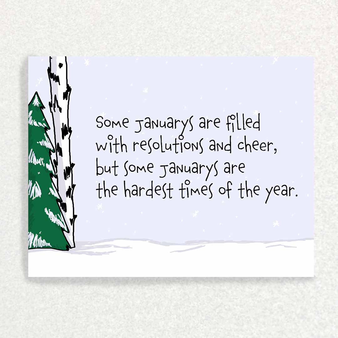 Front of January Anniversary of Loss Sympathy Card snowfalling with trees