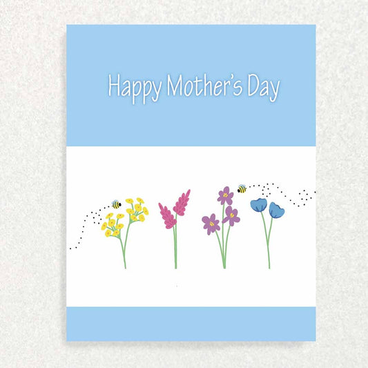Mother’s Day: Keepsake Prompts Card Blue Solid Flowers and Bees Written Hugs Designs 