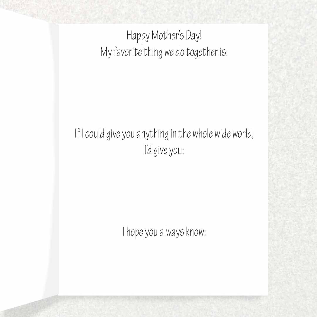 Mother’s Day: Keepsake Prompts Card Blue Solid Flowers and Bees Written Hugs Designs 