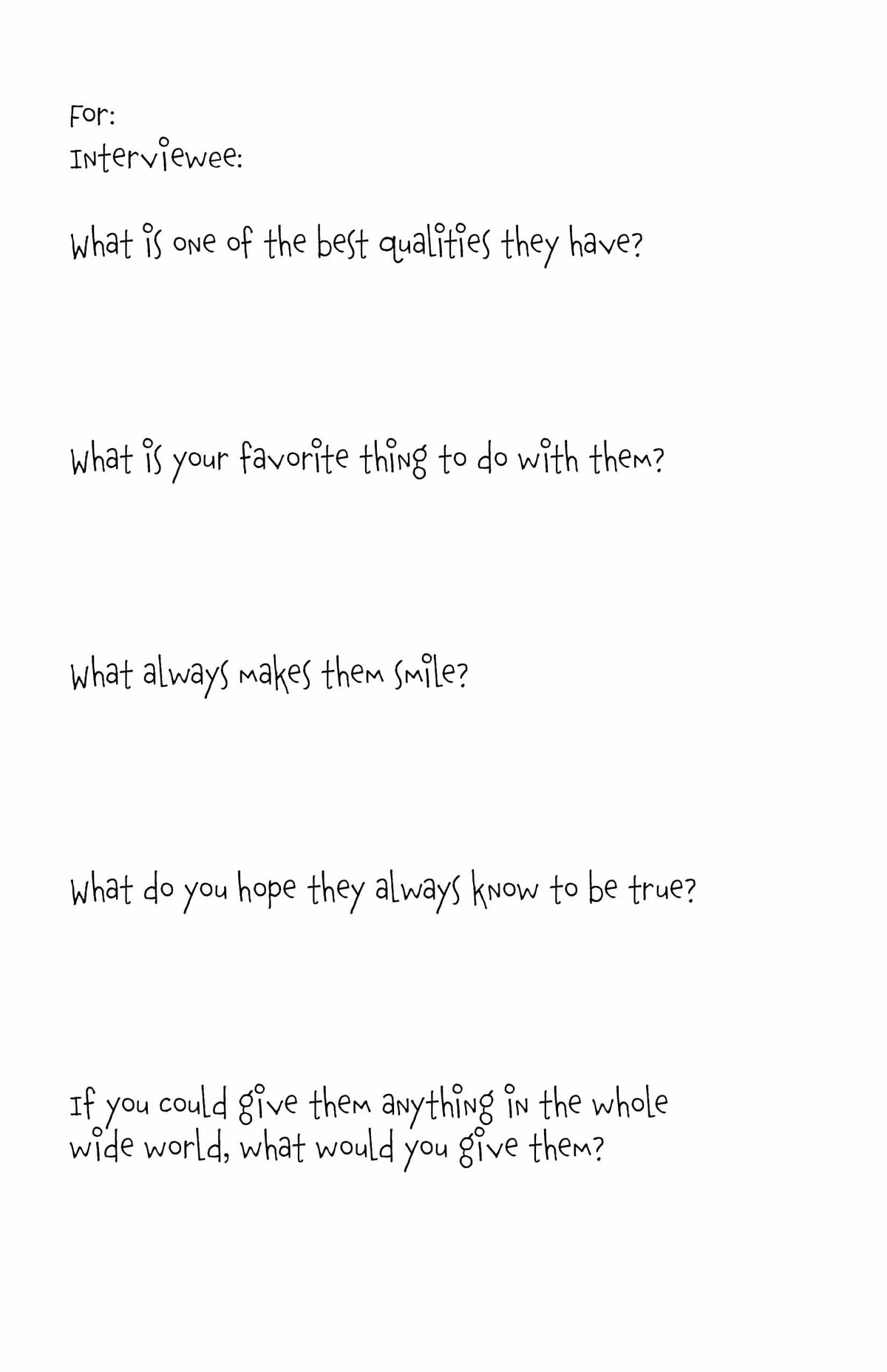 Interview Question Prompt Card Example Piggie Love: Keepsake Interview Prompts Card – Written Hugs Designs