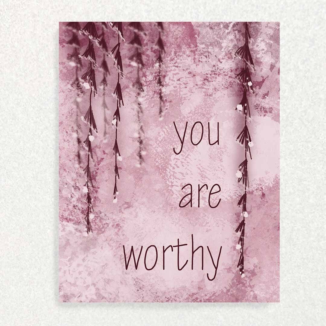 You are Worthy: Maroon Affirmation Card Promoting Mental Health Written Hugs Designs 