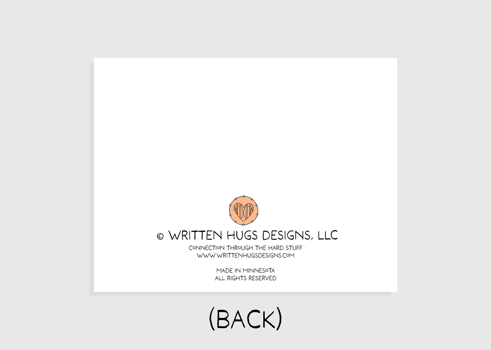 Back of card with Written Hugs Designs logo